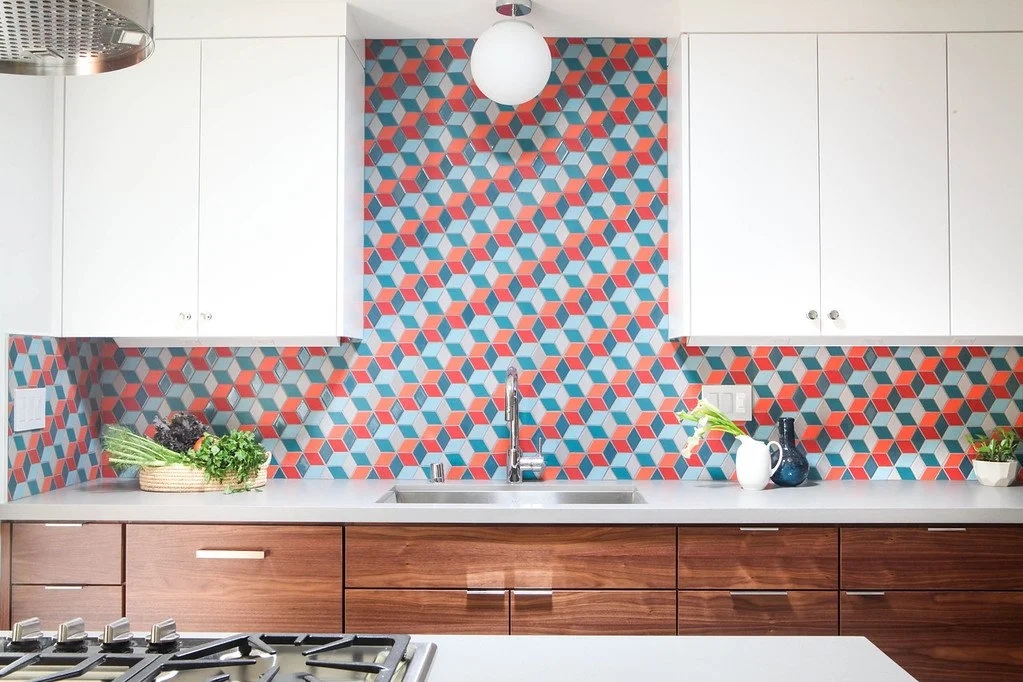 Kitchen Backsplash With Isometric Cube Pattern and Teal