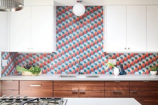 Kitchen Backsplash With Isometric Cube Pattern and Teal