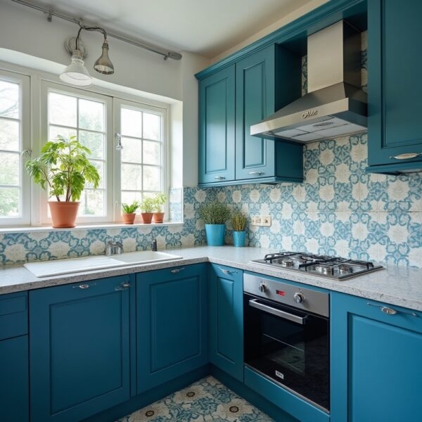 Kitchen Cabinetry: Teal Shaker Cabinets with Patterned Tile