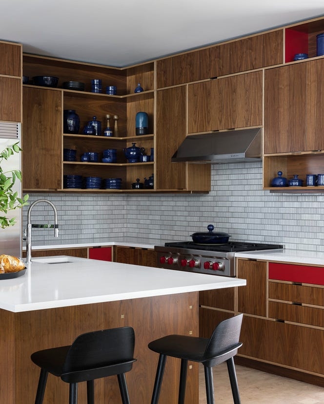 Kitchen Cabinetry With Exposed Plywood Edges and Blue Accents