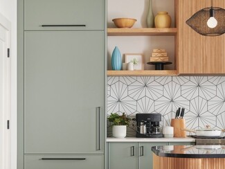 Kitchen Cabinetry With Sage Green Panels and Fluted Wood