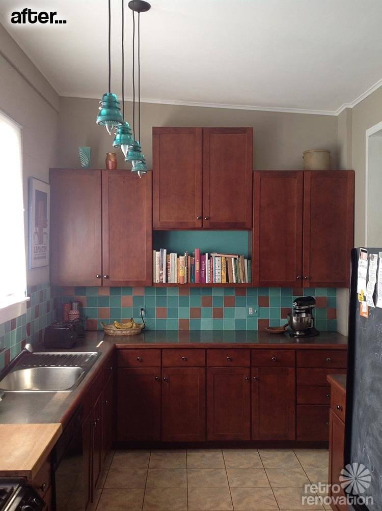 Kitchen Cabinets: Teal Painted Tile and Wood Toned Design