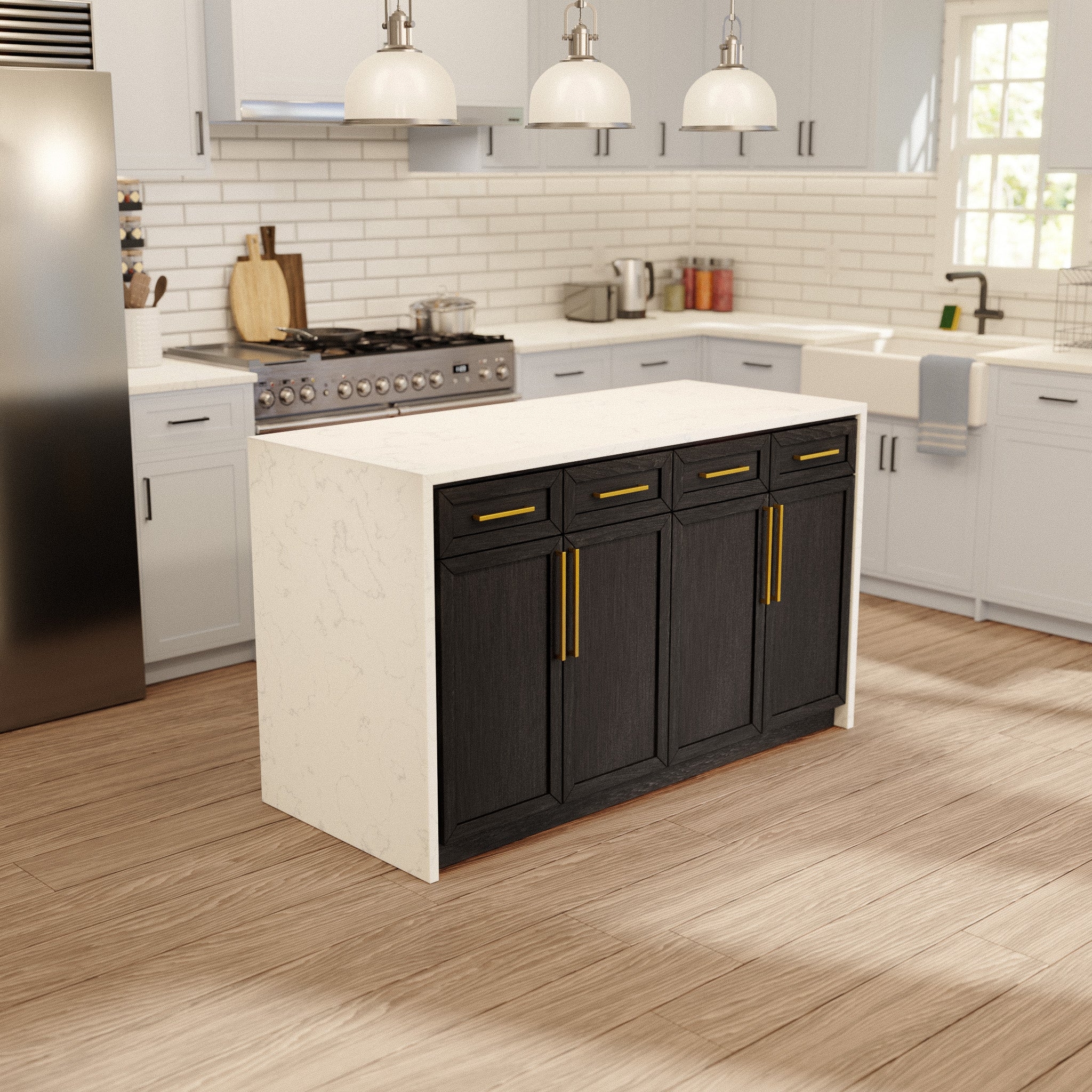 Kitchen Island 60 Inch Storage with Charcoal Waterfall Edge