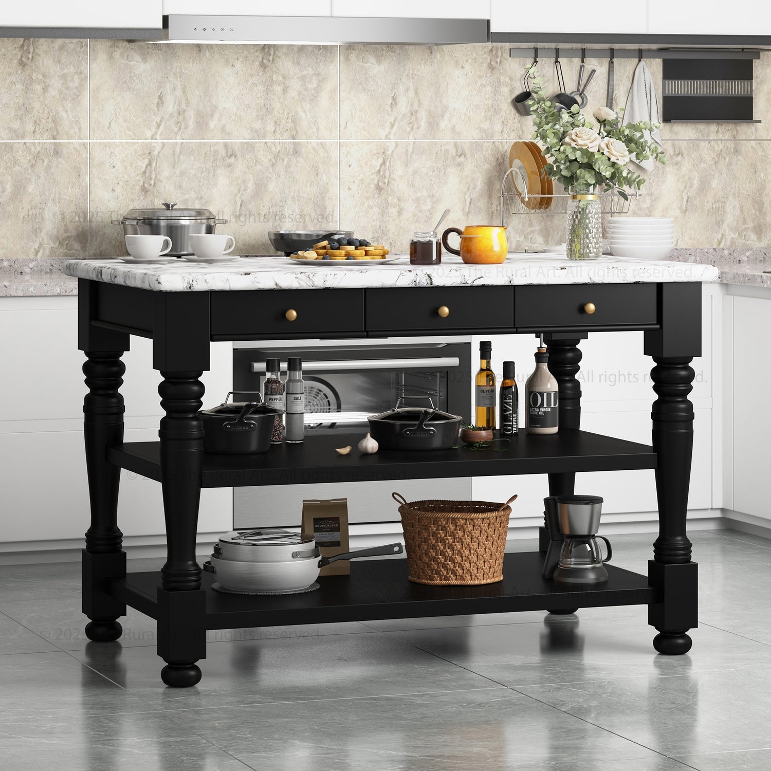 Kitchen Island Matte Black Frame and Classic Turned Legs