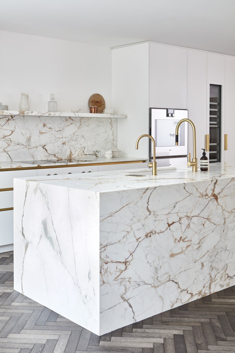 Kitchen Island Monolithic Marble with Dual Gold Fixtures