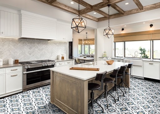 Kitchen Island over Patterned Vinyl and Exposed Wood Beams