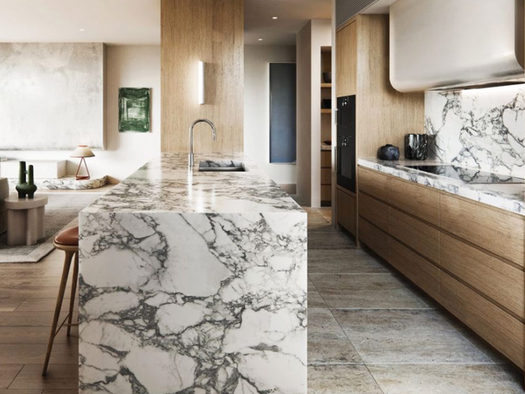 Kitchen Island Waterfall Marble with Horizontal Grain Wood