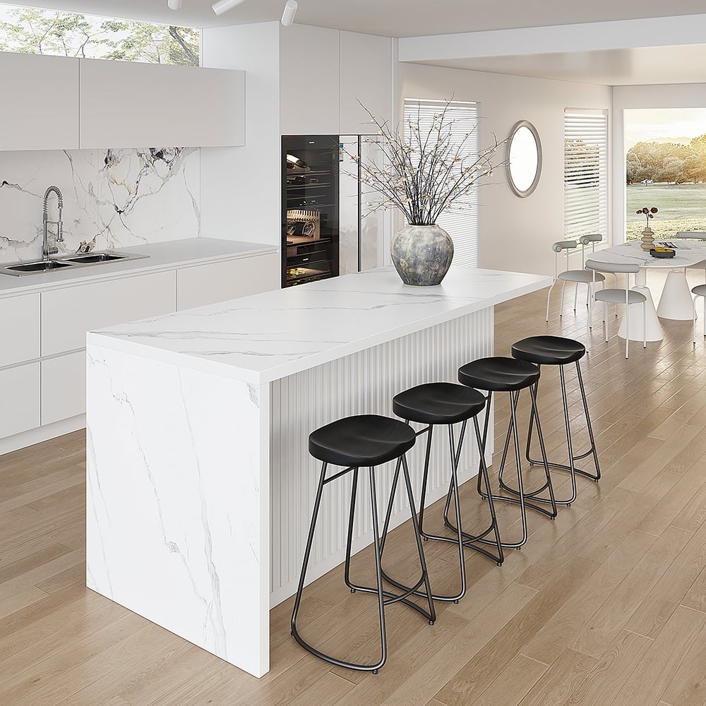 Kitchen Island White Waterfall Marble with Fluted Base