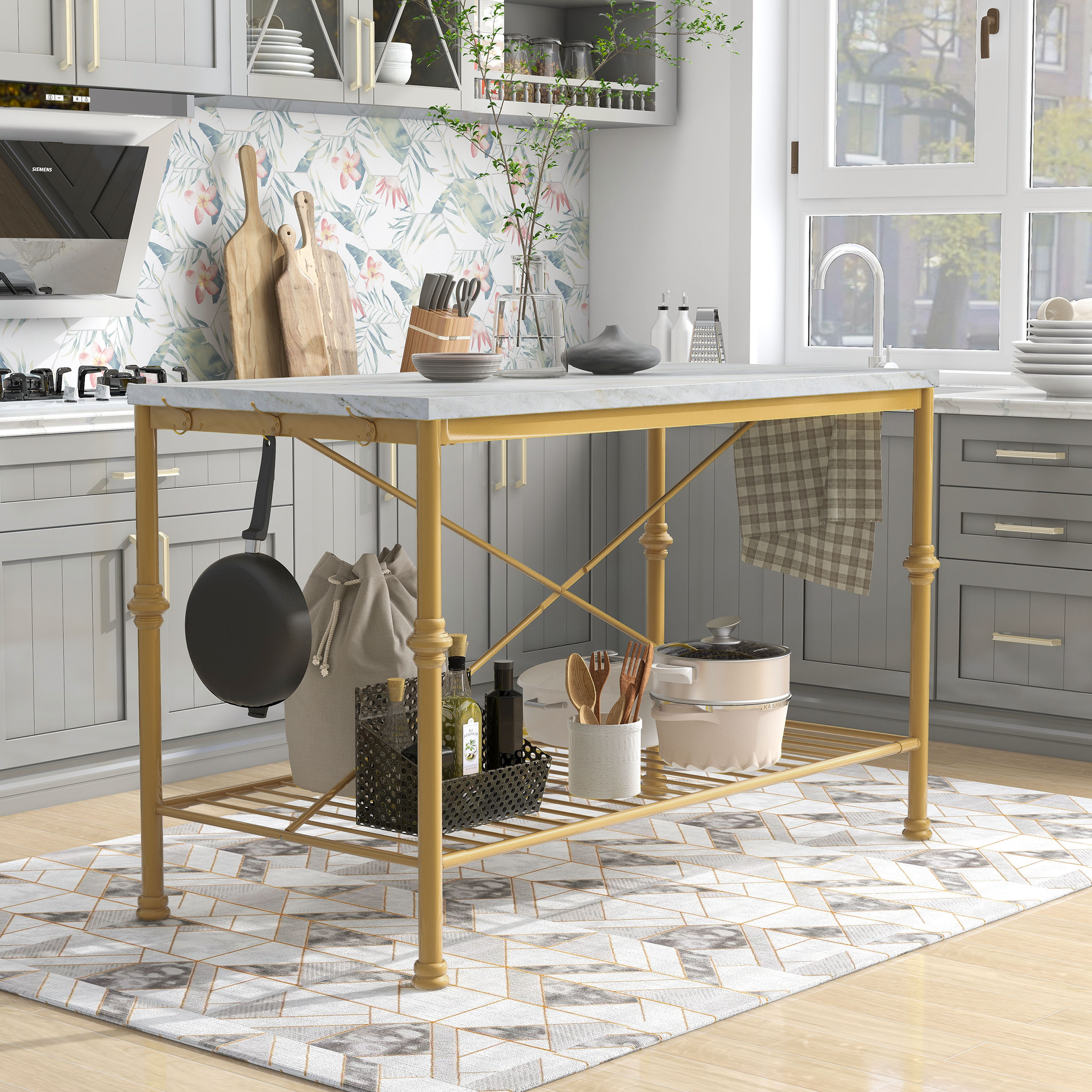 Kitchen Island with Gold Finish and Slatted Storage Shelf