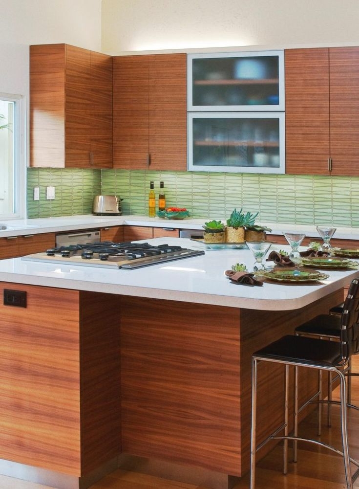 Kitchen Island With Horizontal Grain Wood and Green Tile
