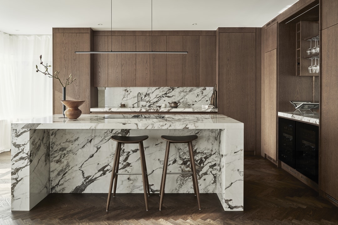 Kitchen Island with Walnut Herringbone Floor and Wine Station