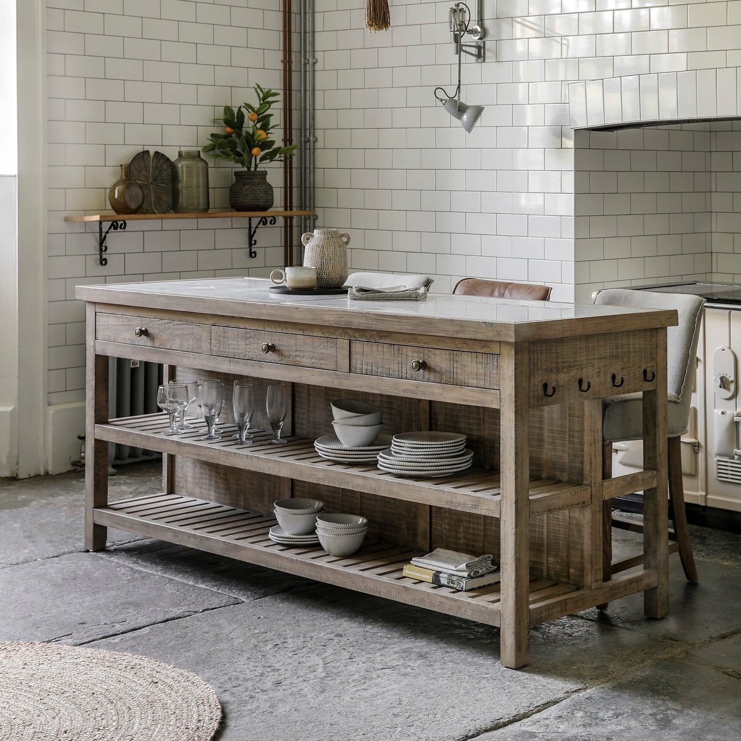 Kitchen Island with Weathered Wood Finish and Side Hooks