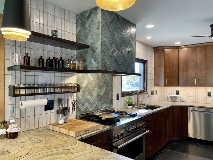 Kitchen Renovation Featuring Teal Herringbone Range Hood