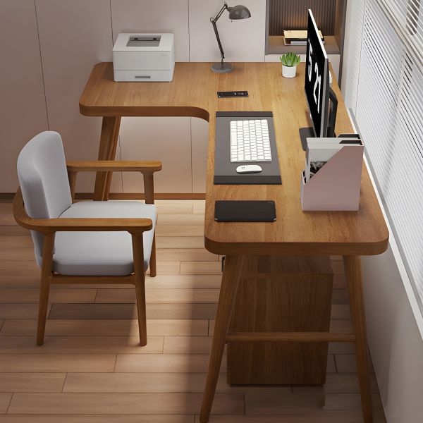 L-Shape Desk Honey Brown Rounded Corners Left Hand Return