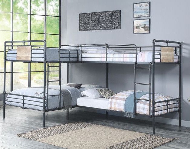 L-Shaped Bunk Bed: Pipe Joint Accents Gunmetal Finish