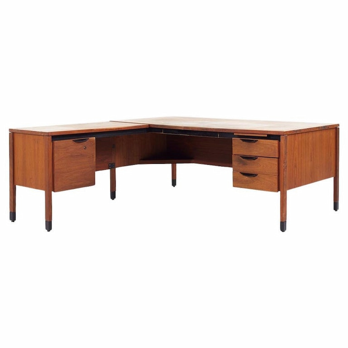L-Shaped Desk Capped Feet Medium Wood Vintage Walnut Desk