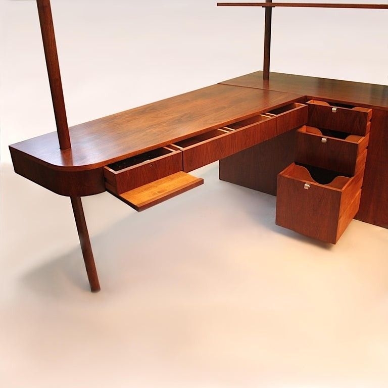L-Shaped Desk Drop-Front Drawer Amber Wood 1949 Designer Desk