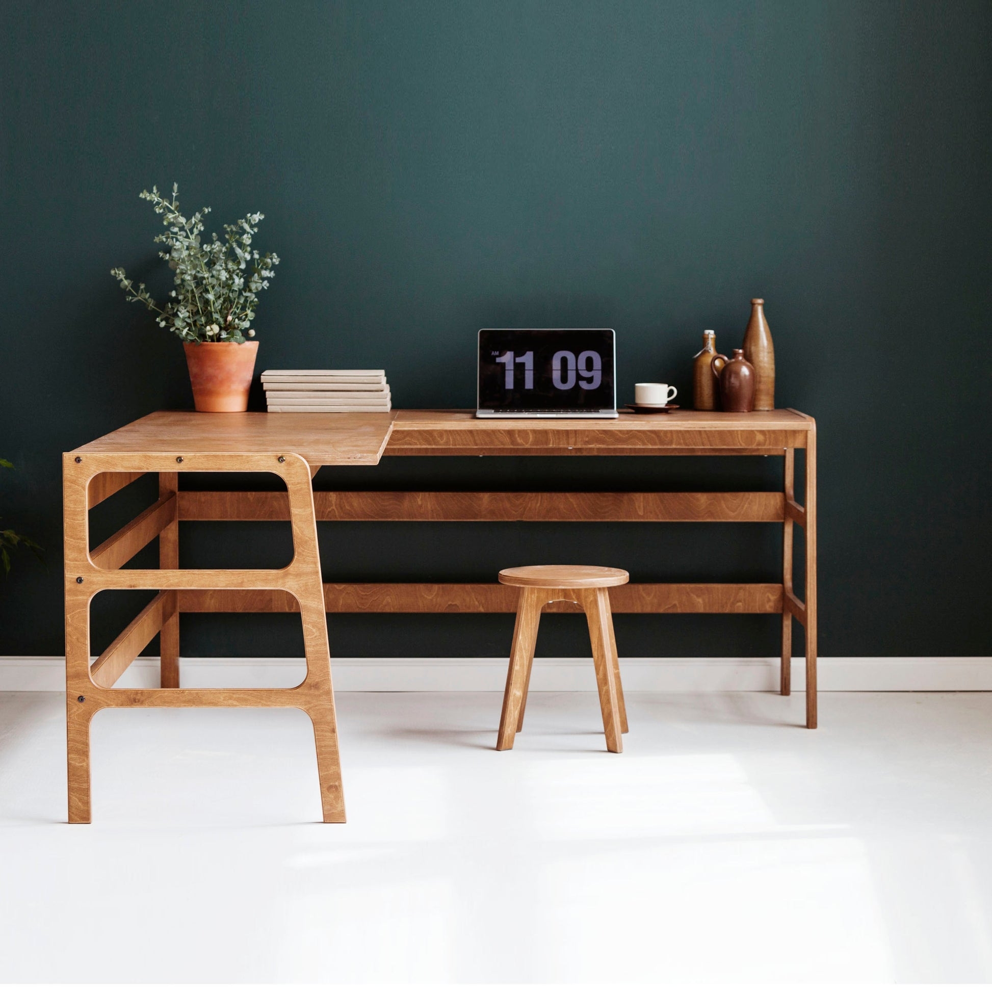L-Shaped Desk Ladder Frame Brown Wood Scandinavian Workspace
