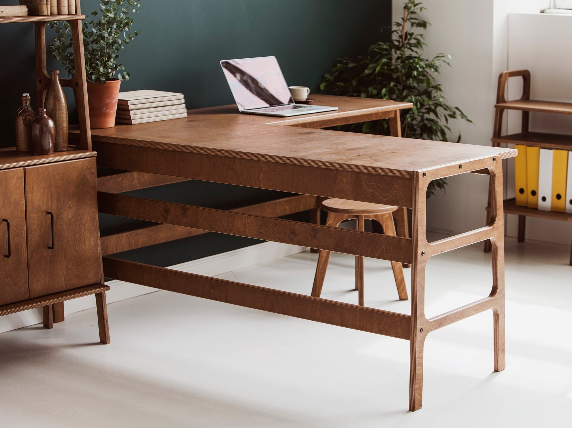 L-Shaped Desk Open Frame Walnut Wood Minimalist Plywood Workspace