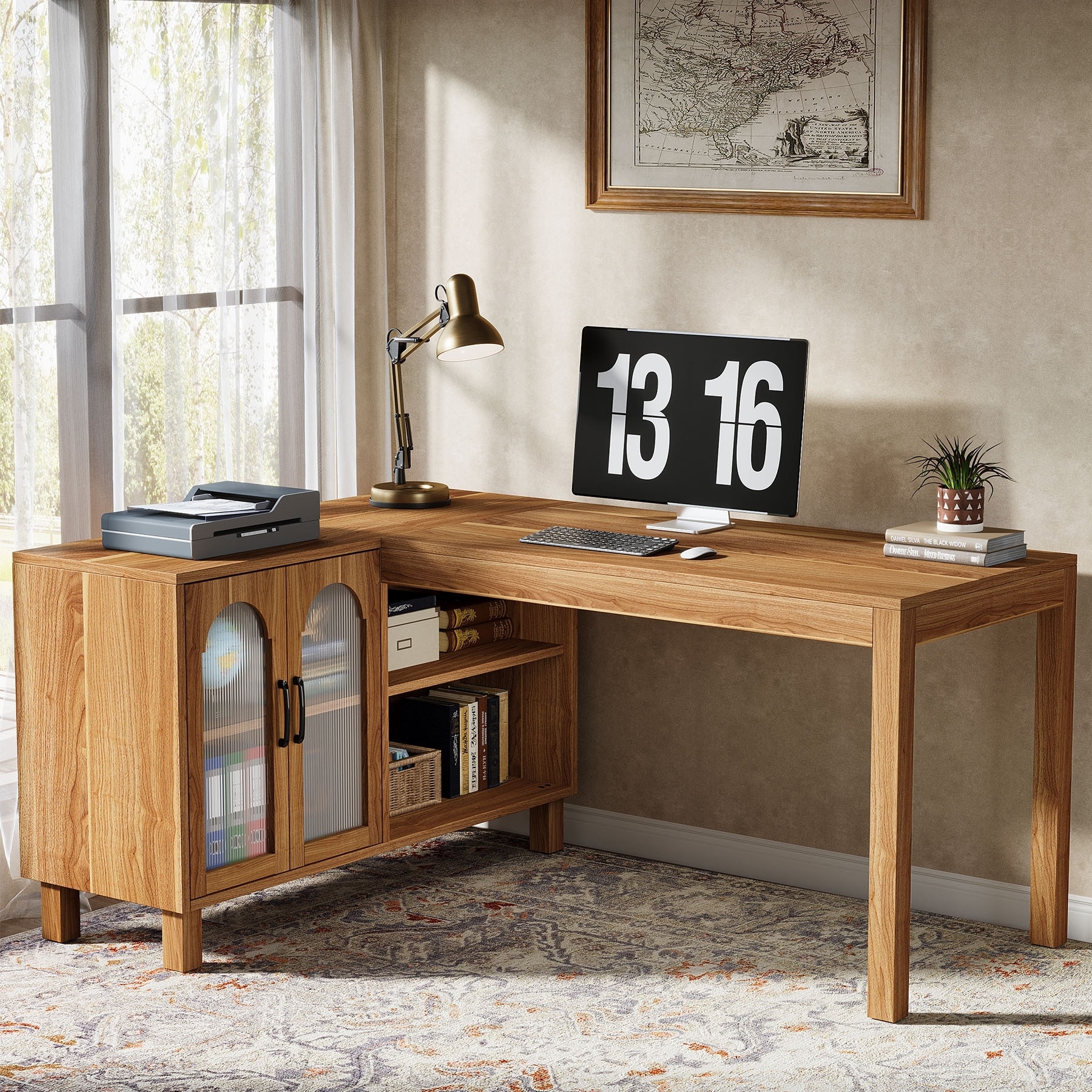 L-Shaped Desk Ribbed Glass Doors Warm Wood Home Office Desk