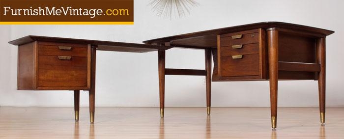 L-Shaped Desk Sculptural Pulls Polished Wood MCM Furniture