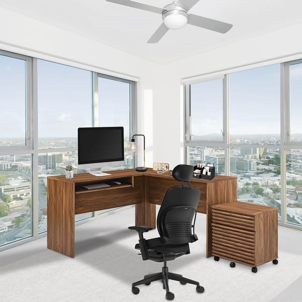 L-Shaped Desk Slatted Mobile File Cabinet Modern Ergonomic