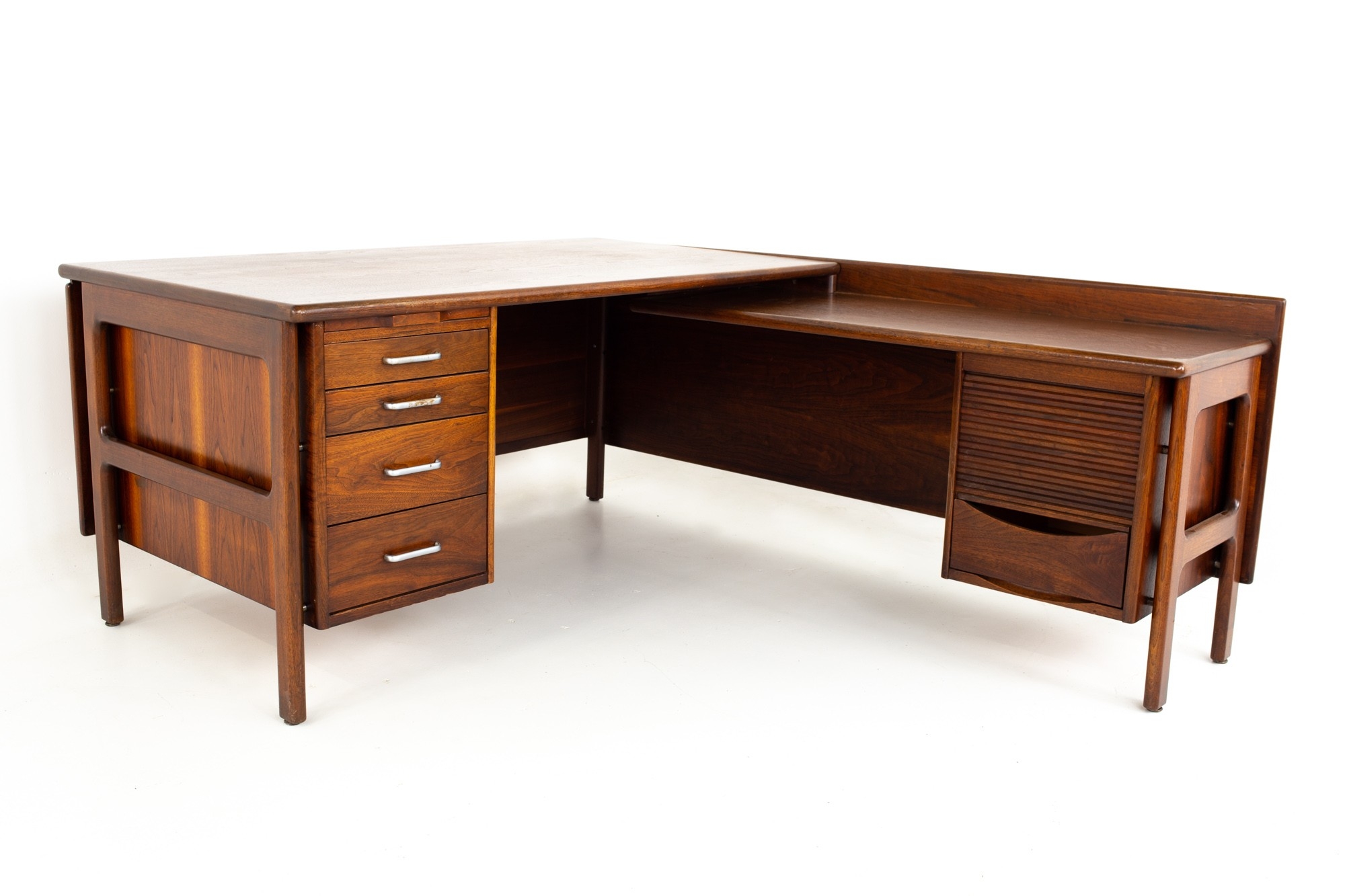 L-Shaped Desk Tambour Door Walnut Wood Vintage Corner Workstation