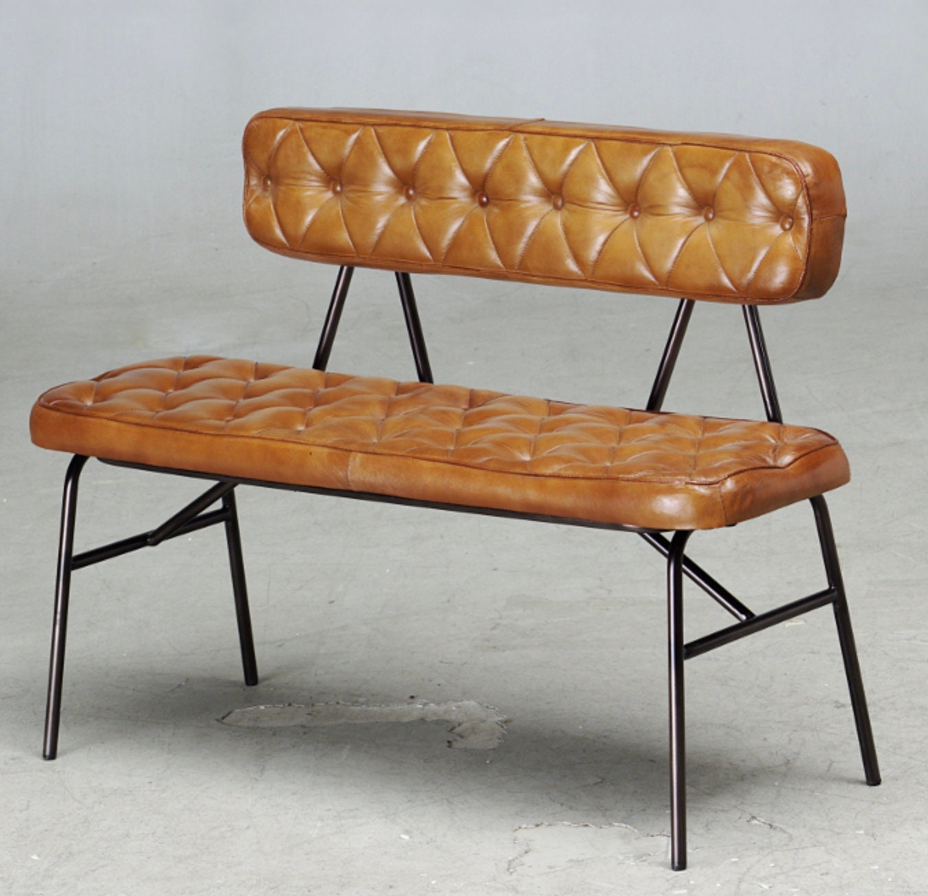 Leather Bench Diamond Tufted Industrial Metal Frame