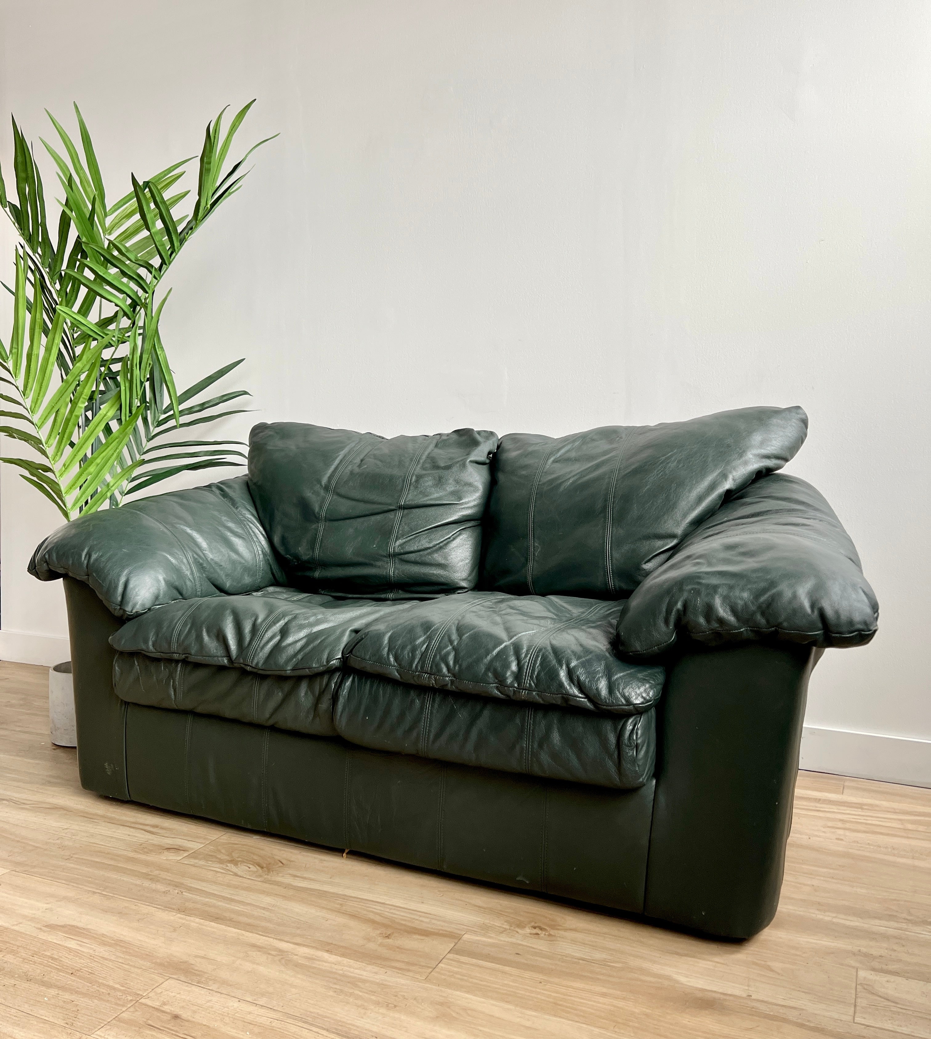 Leather Loveseat Dark Emerald Overstuffed Slouchy Silhouette