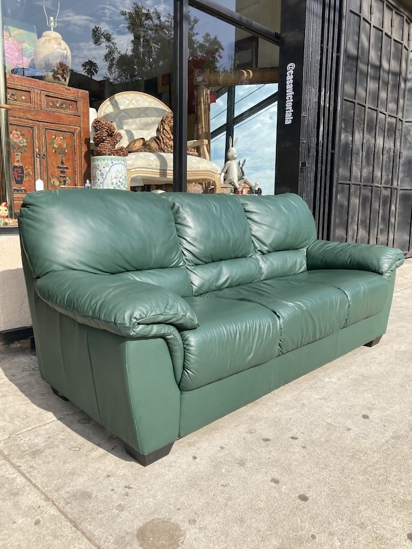 Leather Sofa Forest Green Rolled Arms Puffy Cushions Transitional