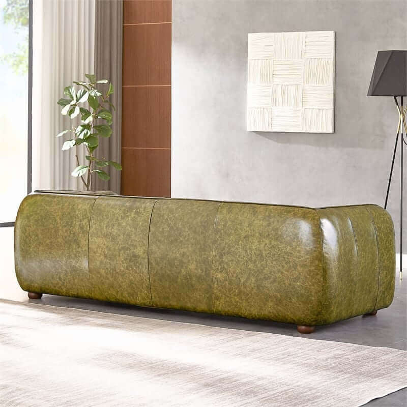 Leather Sofa Olive Green Curved Back Bun Feet Distressed Couch