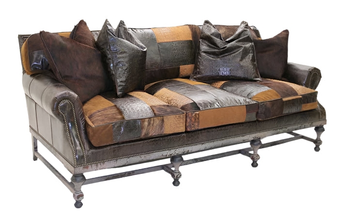 Leather Sofa with Croc Embossed Patchwork and Metallic Base