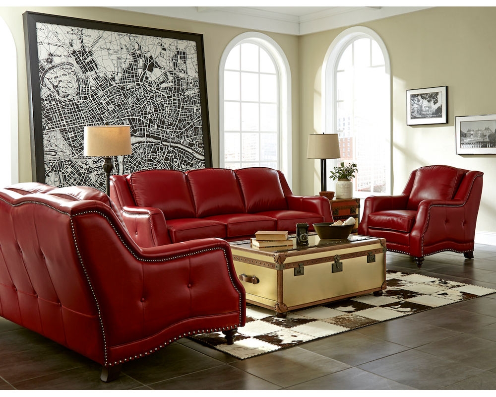 Leather Sofa with Nailhead Trim and Berry Red Leather