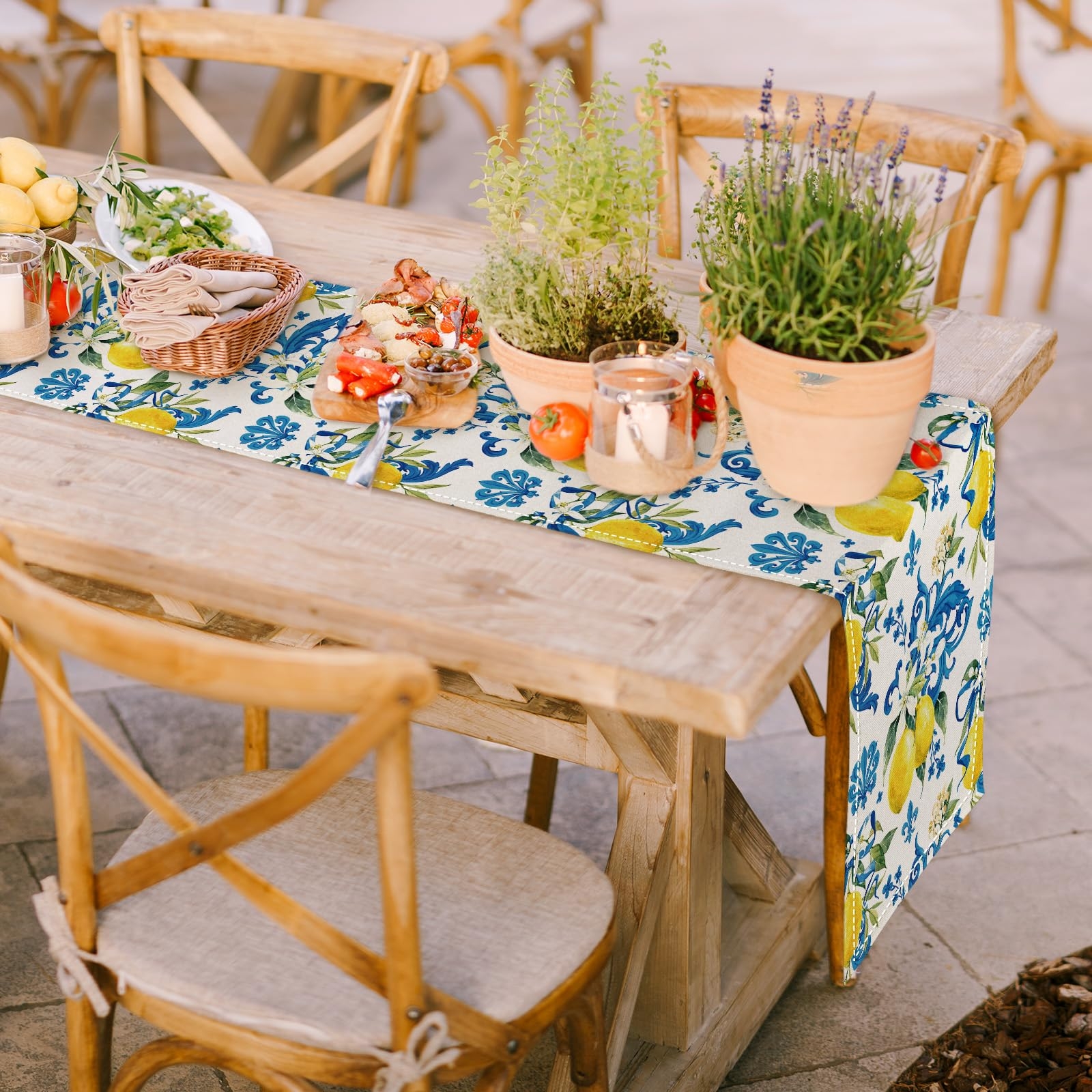 Lemon Table Runner: Mediterranean Blue Tile Pattern