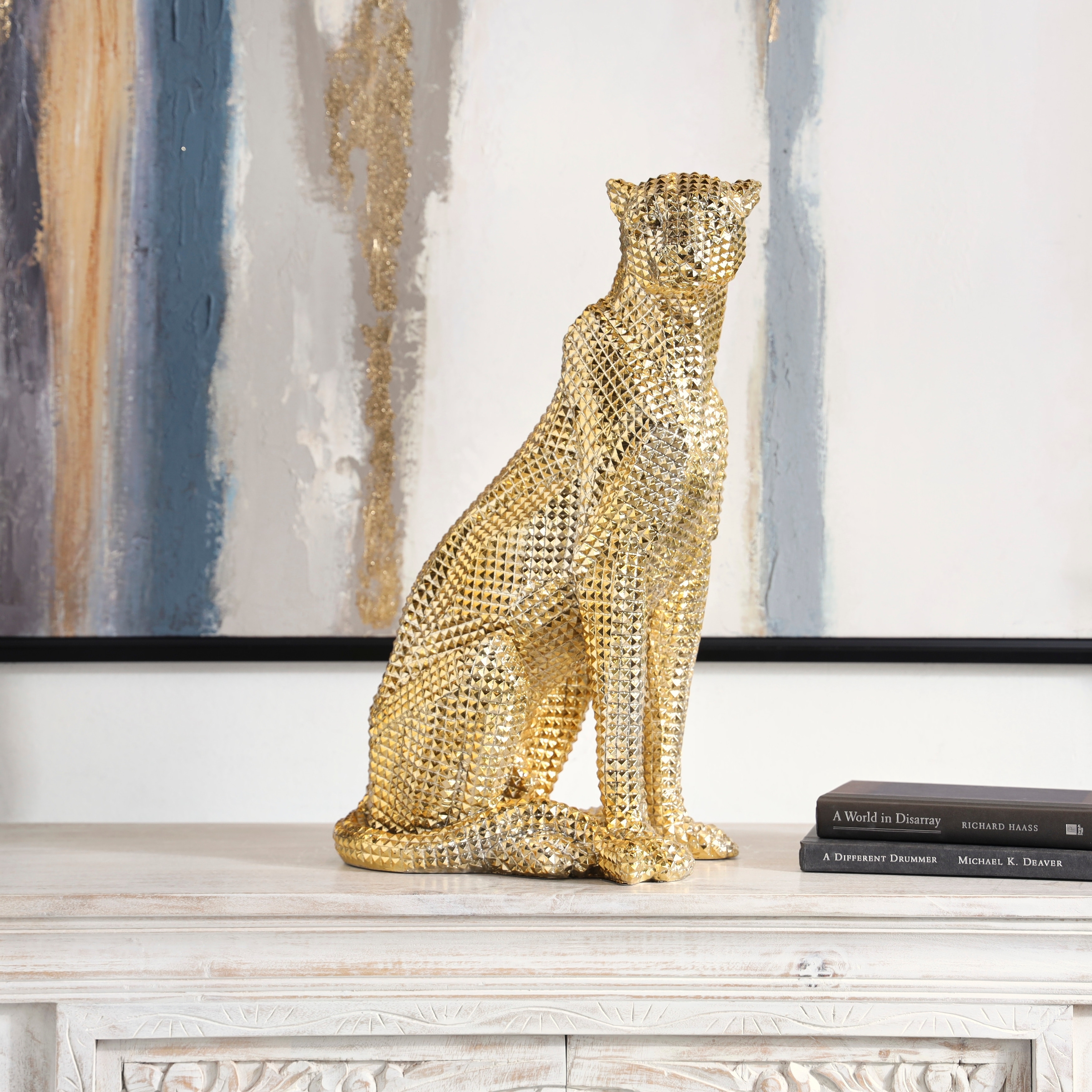 Leopard Sculpture: Diamond Facet Texture Faceted Gold Resin Art