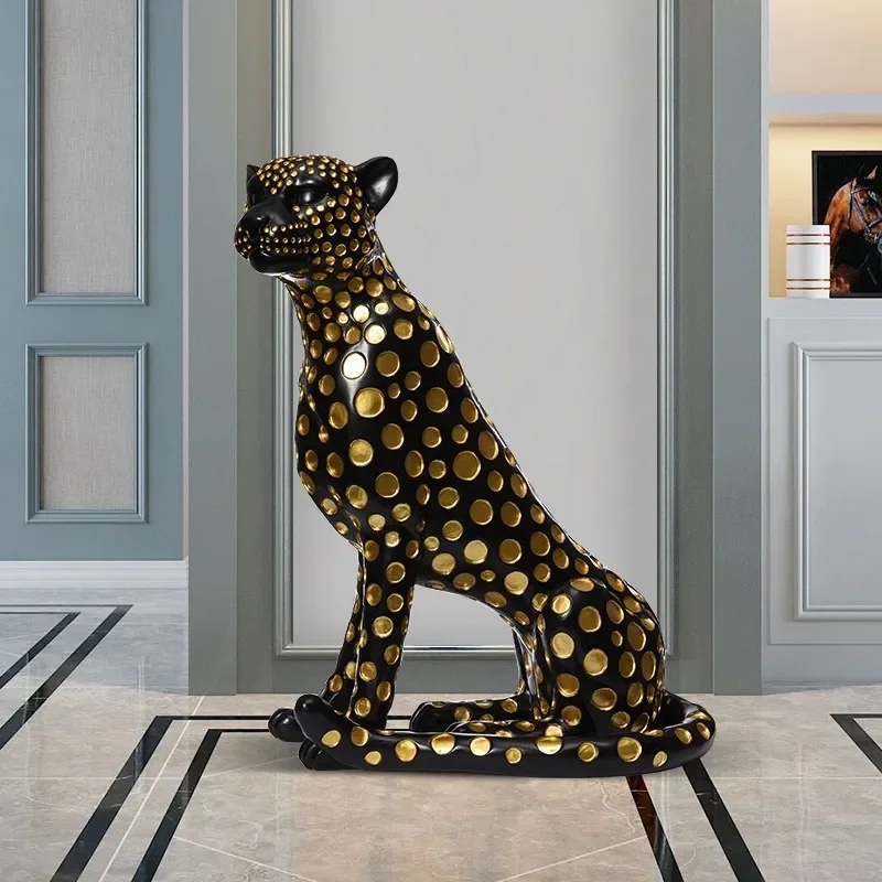 Leopard Sculpture: Matte Black Large Gold Polka Dot Leopard