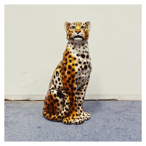 Leopard Statue: Seated Pose Ceramic Hand-painted Leopard Floor Statue