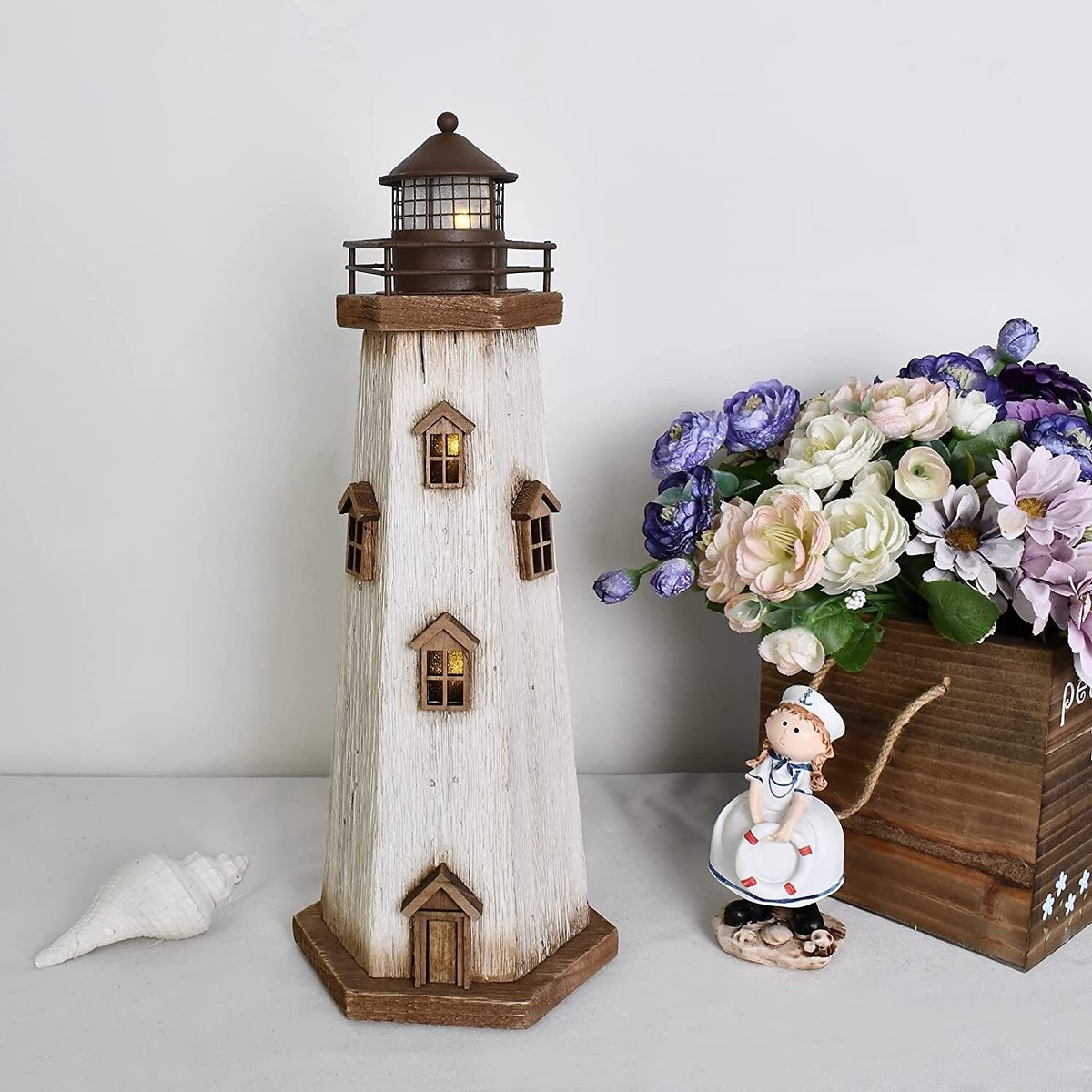 Lighthouse Decor Illuminated Windows and Distressed Weathered Finish