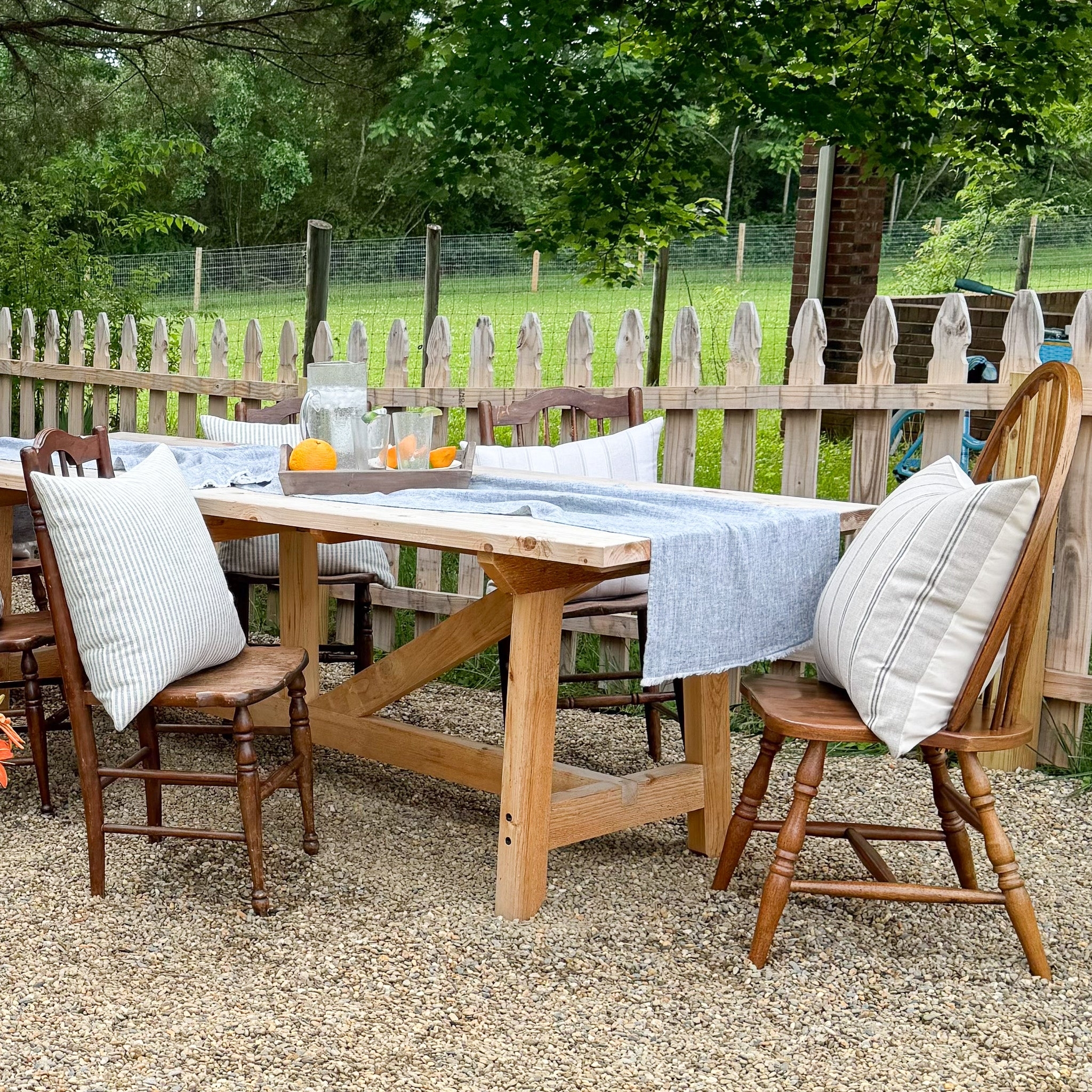 Linen Table Runner: Light Blue Frayed Ends Patio