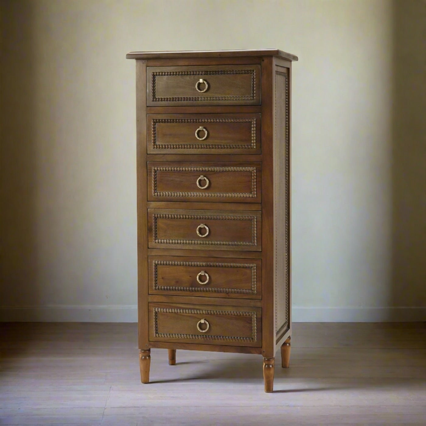 Lingerie Chest with Beaded Trim Six Drawer Mahogany Wood