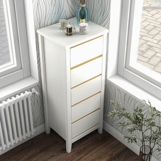 Lingerie Chest with Gold Trim Modern White Five Drawer