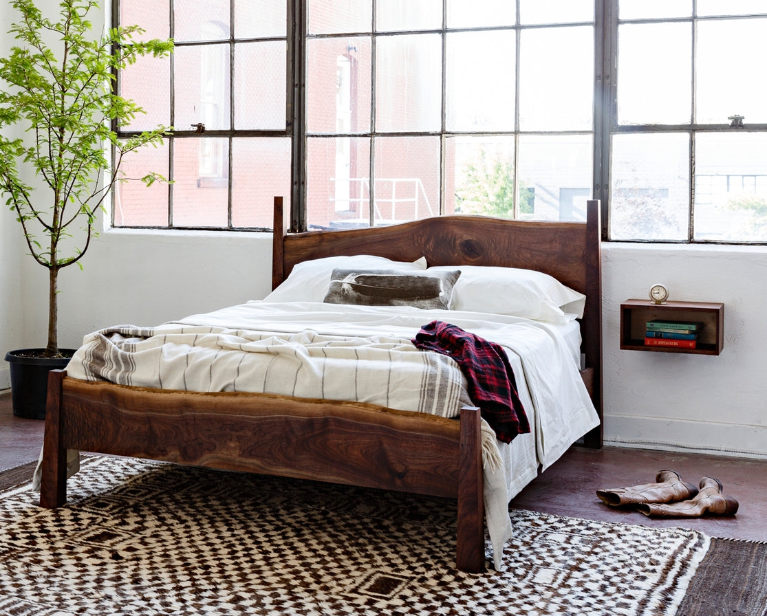 Live Edge Bed in Walnut with Organic Headboard and Lodge Decor