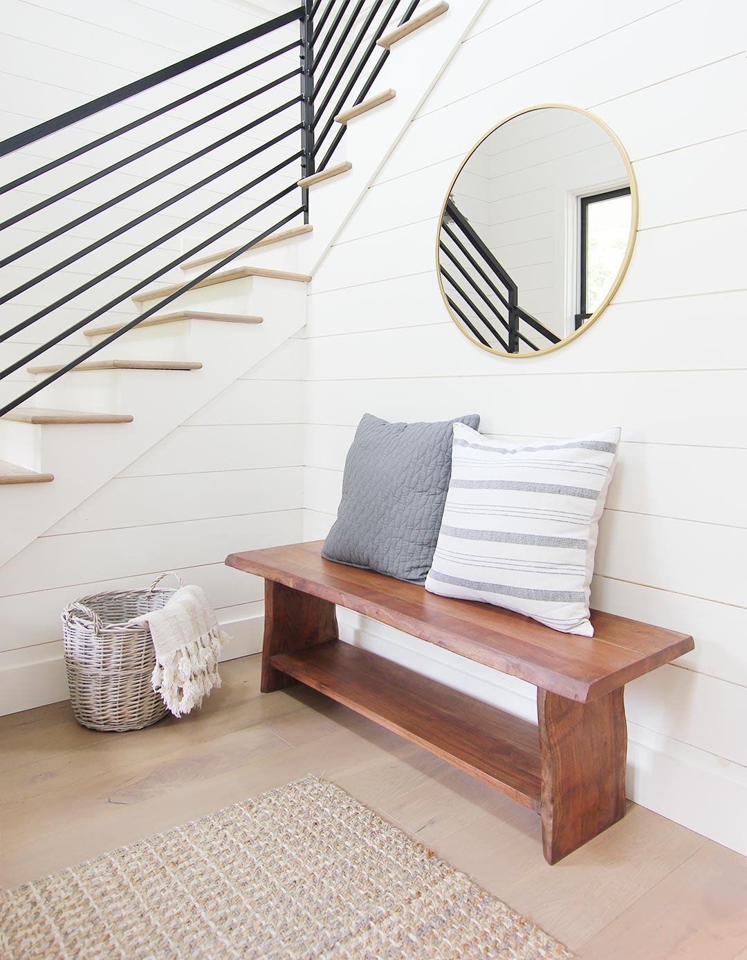 Live Edge Bench with Lower Shelf and Modern Mudroom Slab Legs