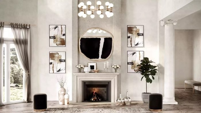 Living Room Ensemble: Organic Mirror Gold Symmetric Wall Art Layout