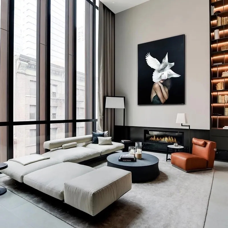 Living Room Set Built-in Library Low Slung Lounging