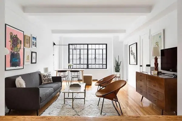 Living Room Set: Geometric Cream Rug Cognac Chairs