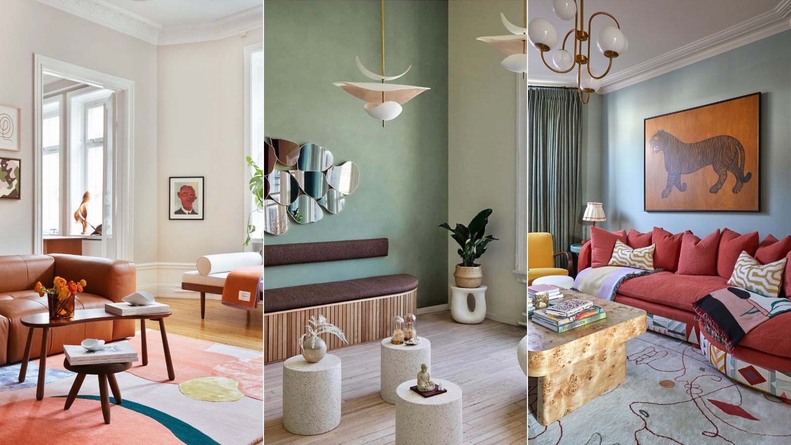 Living Room Set: Rust Sectional with Curved Cloud Mirrors