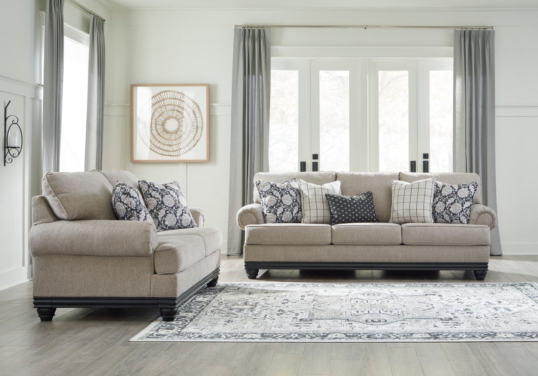 Living Room Set with Rolled Arms and Dark Wood Base