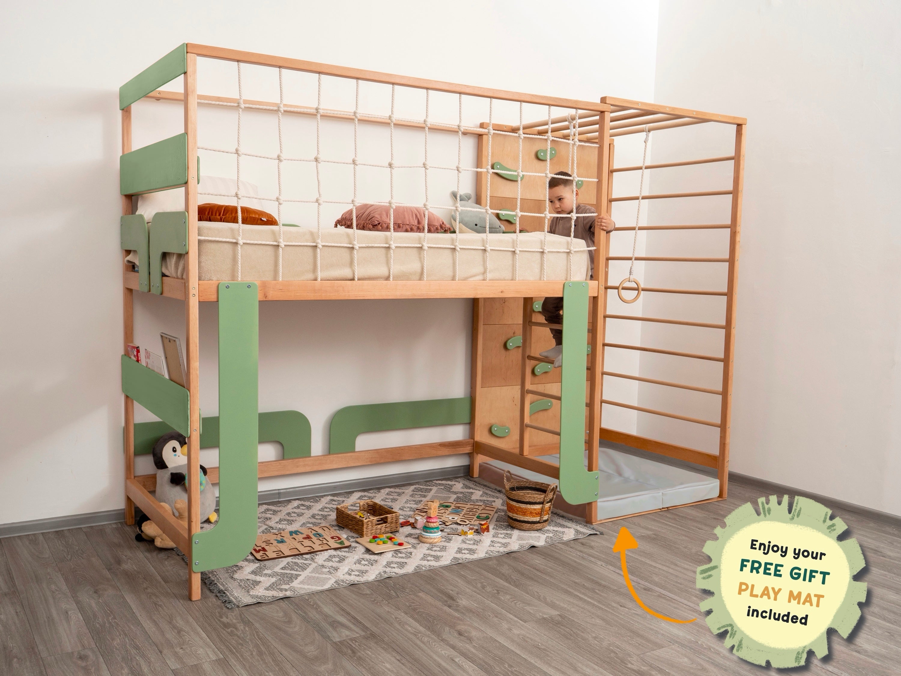 Loft Bed Integrated Climbing Wall with Rope Safety Mesh