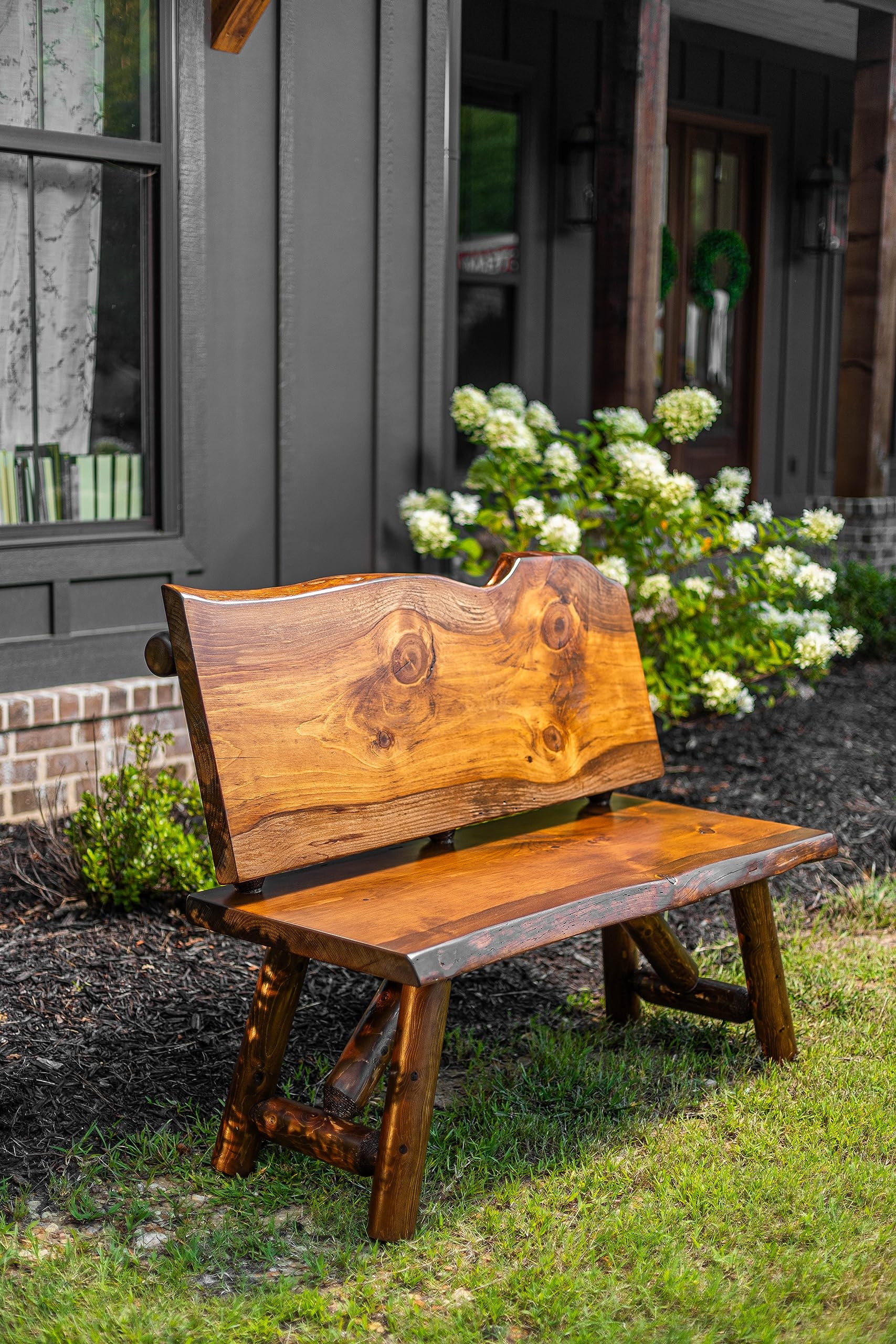 Log Bench with Live Edge Back and Prominent Wood Knots